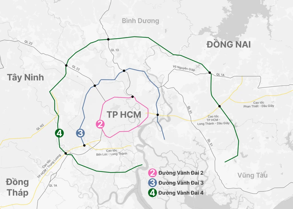 Bản đồ Đường Vành Đai 4 TP.HCM kết nối các tỉnh Đồng Nai – Bình Dương – Tây Ninh – Long An